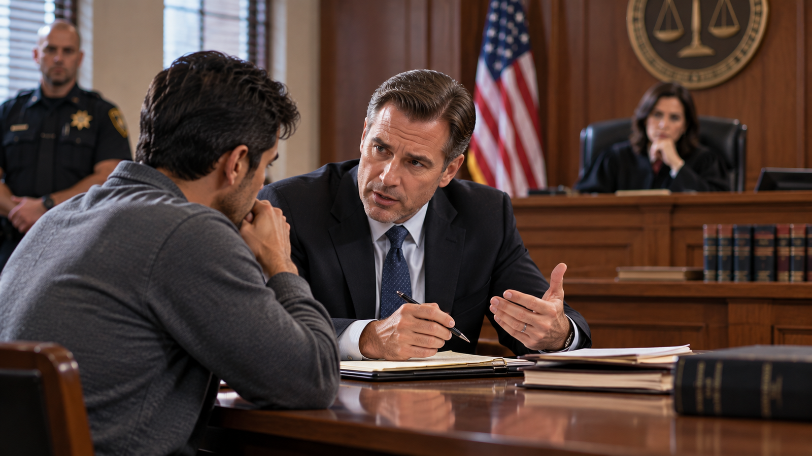 Criminal defense attorney conferring with a client in court